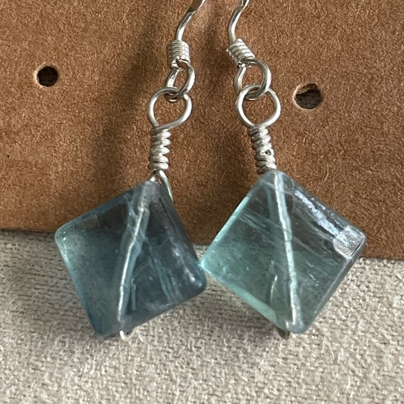 Natural Fluorite Sterling Silver Wire Wrapped Earrings Handmade Gemstone Dangles - Picture 7 of 7
